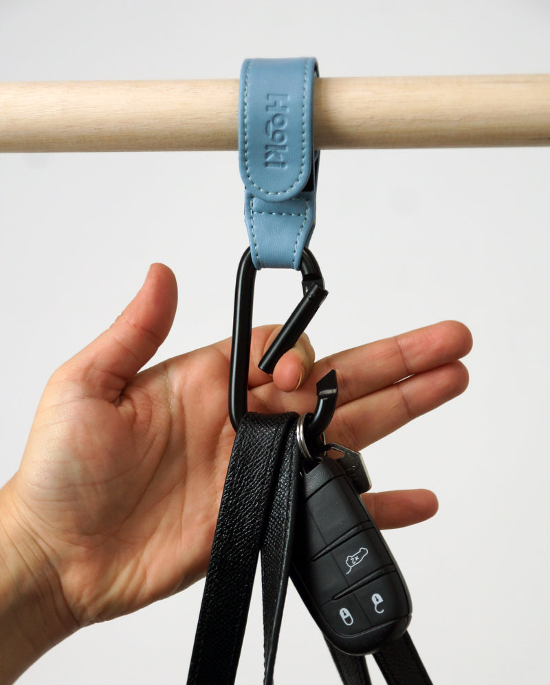 Hooki Duo Pram Hooks & Stroller Clips - Available In Black, Tan, Ivory, Pink, Blue & Grey - PU Leather