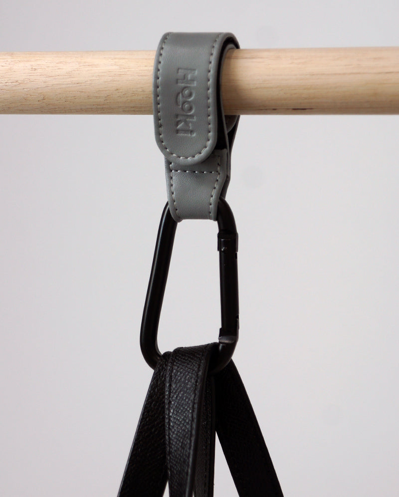 Hooki Duo Pram Hooks & Stroller Clips - Available In Black, Tan, Ivory, Pink, Blue & Grey - PU Leather