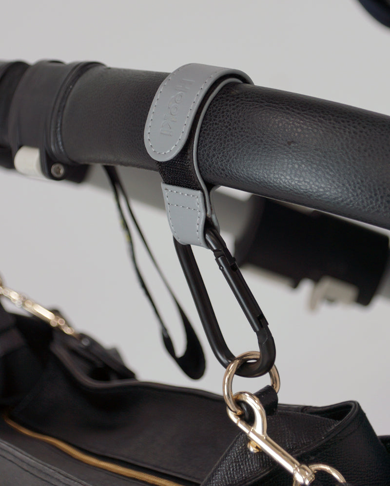 Hooki Duo Pram Hooks & Stroller Clips - Available In Black, Tan, Ivory, Pink, Blue & Grey - PU Leather