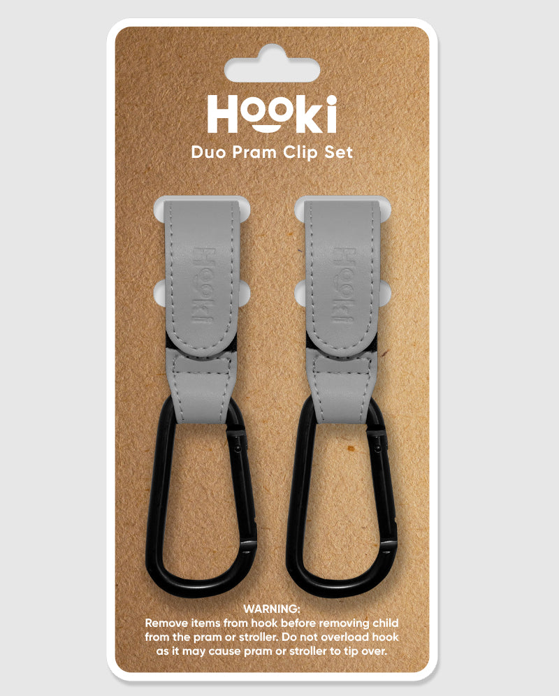 Hooki Duo Pram Hooks & Stroller Clips - Available In Black, Tan, Ivory, Pink, Blue & Grey - PU Leather