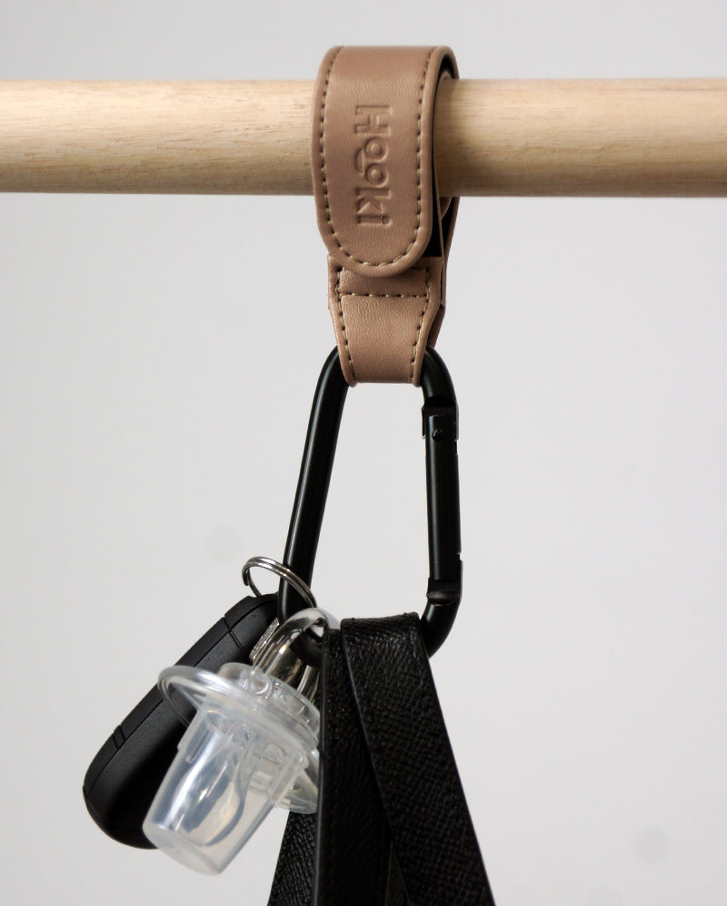 Hooki Duo Pram Hooks & Stroller Clips - Available In Black, Tan, Ivory, Pink, Blue & Grey - PU Leather