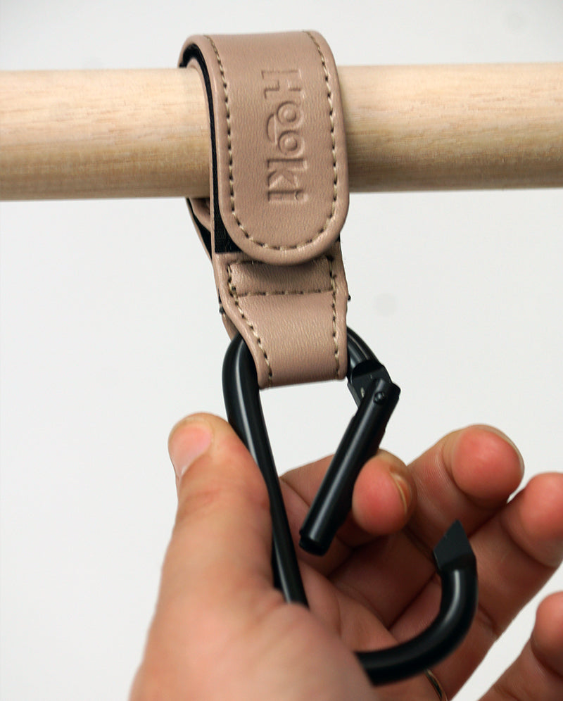 Hooki Duo Pram Hooks & Stroller Clips - Available In Black, Tan, Ivory, Pink, Blue & Grey - PU Leather