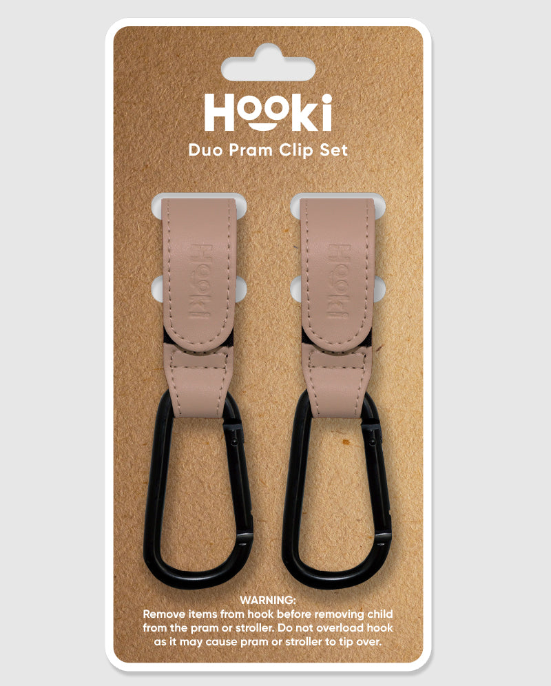 Hooki Duo Pram Hooks & Stroller Clips - Available In Black, Tan, Ivory, Pink, Blue & Grey - PU Leather