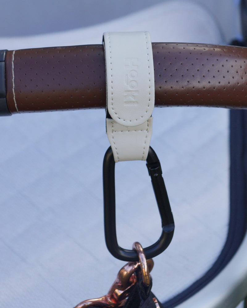 Hooki Duo Pram Hooks & Stroller Clips - Available In Black, Tan, Ivory, Pink, Blue & Grey - PU Leather