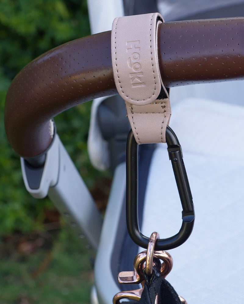 Hooki Duo Pram Hooks & Stroller Clips - Available In Black, Tan, Ivory, Pink, Blue & Grey - PU Leather