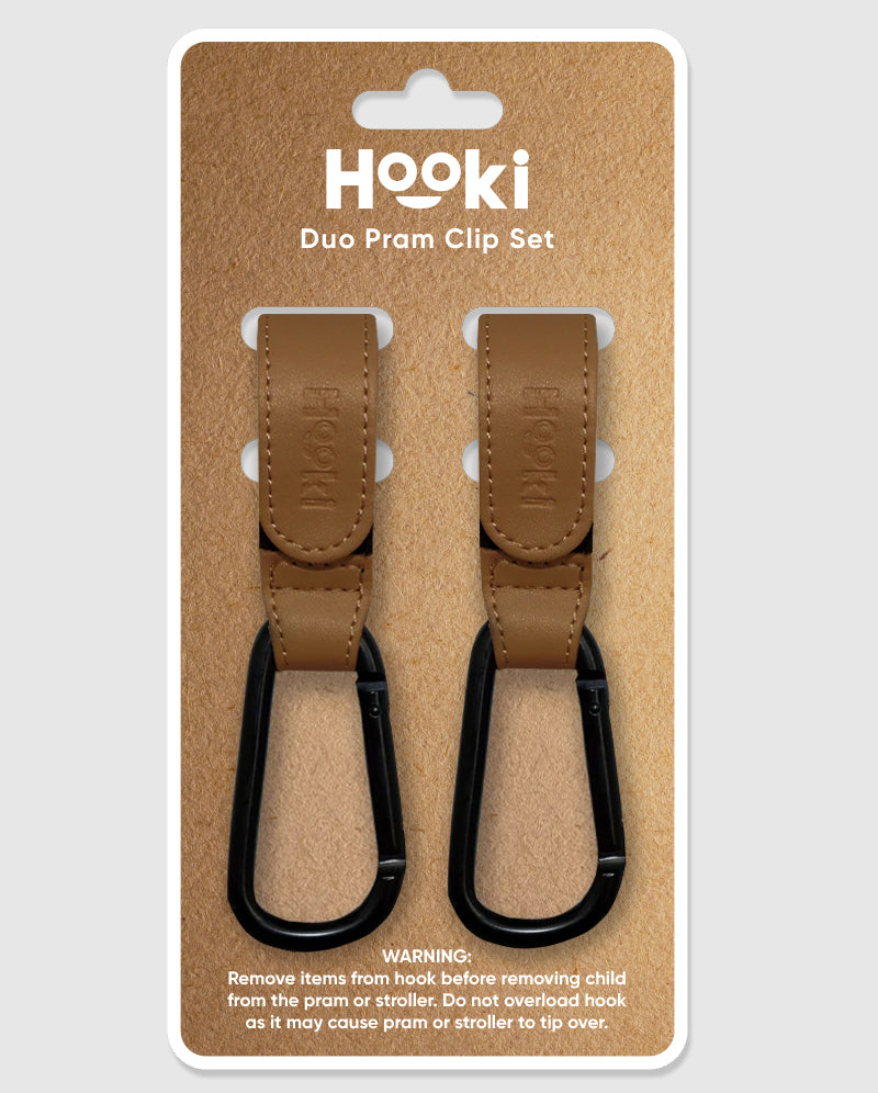 Hooki Duo Pram Hooks & Stroller Clips - Available In Black, Tan, Ivory, Pink, Blue & Grey - PU Leather